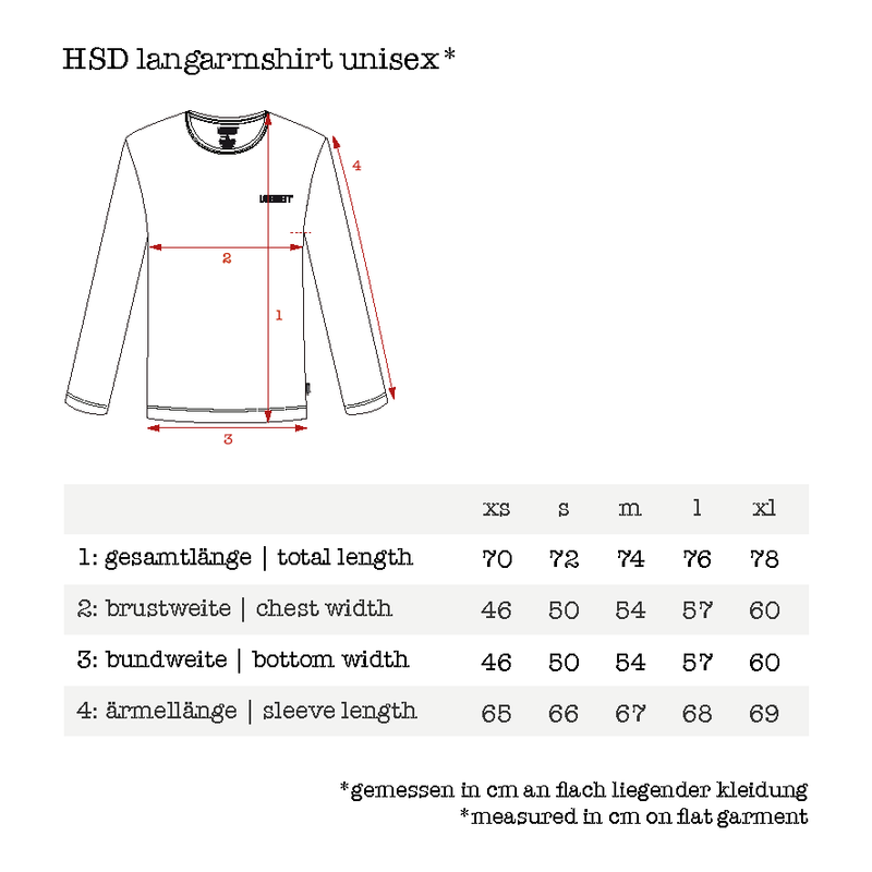 Größentabelle für HSD Langarmshirt aus Bio-Baumwolle | Unisex