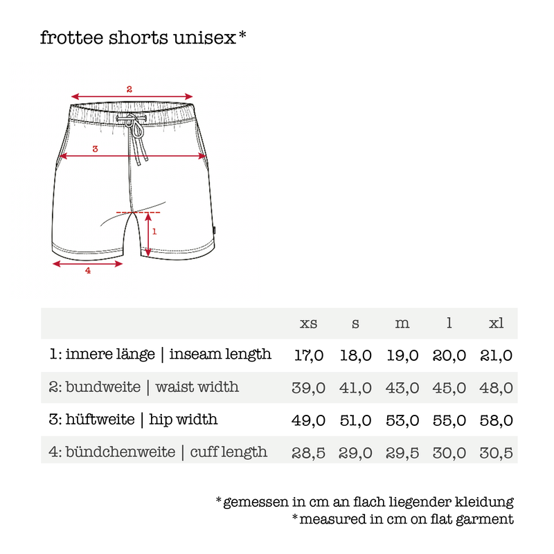 Größentabelle für Frottee Shorts aus Bio-Baumwolle | Unisex